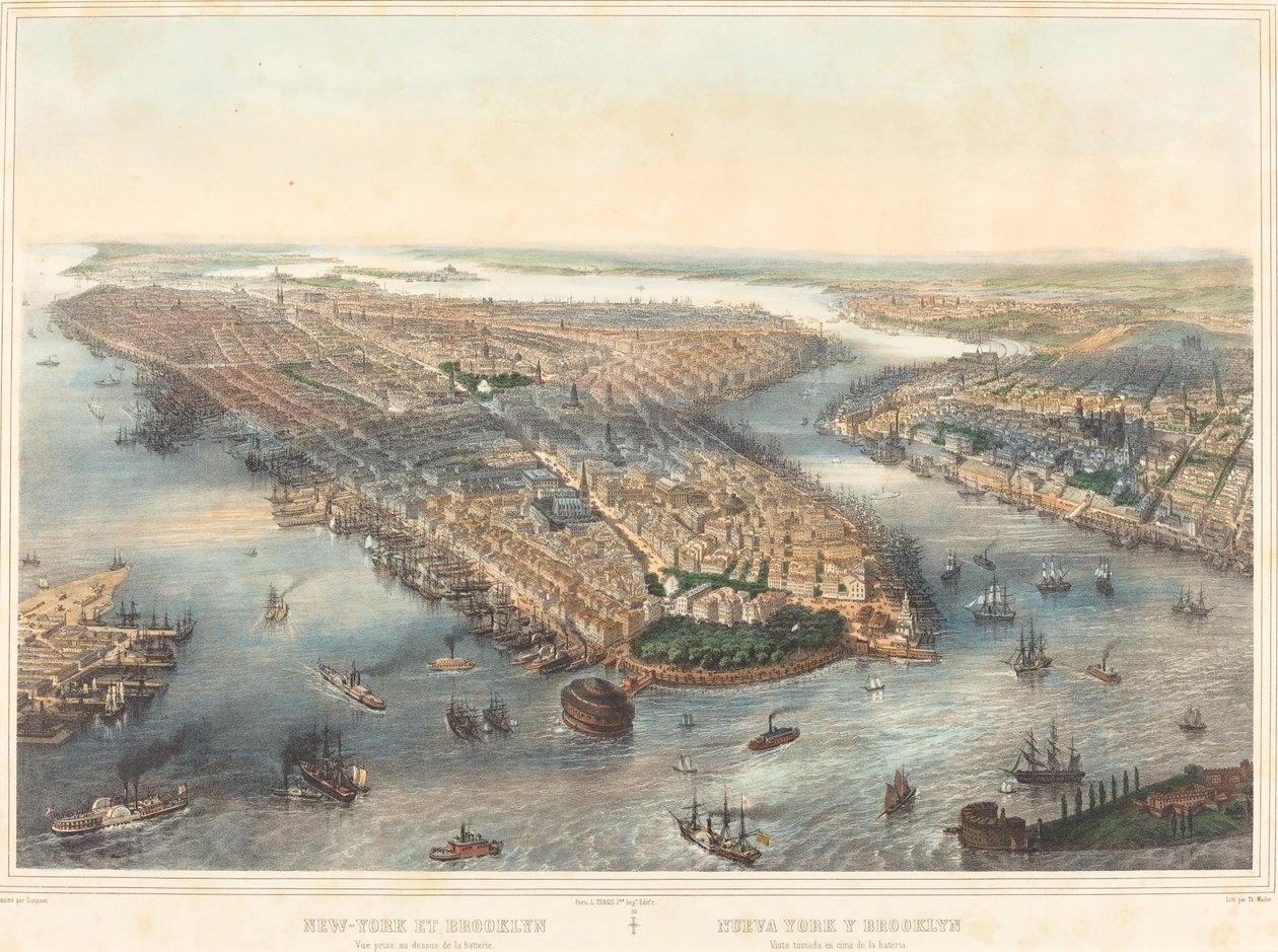 New York ja Brooklyn - Näkymä akun yläpuolelta tekijältä Theodore Muller after William Simpson