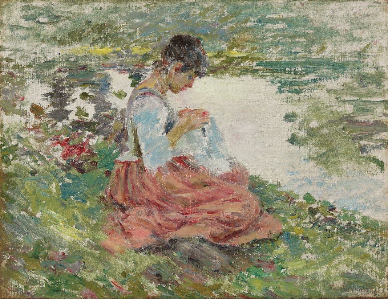 Girl Sewing by River, n. 1891 tekijältä Theodore Robinson