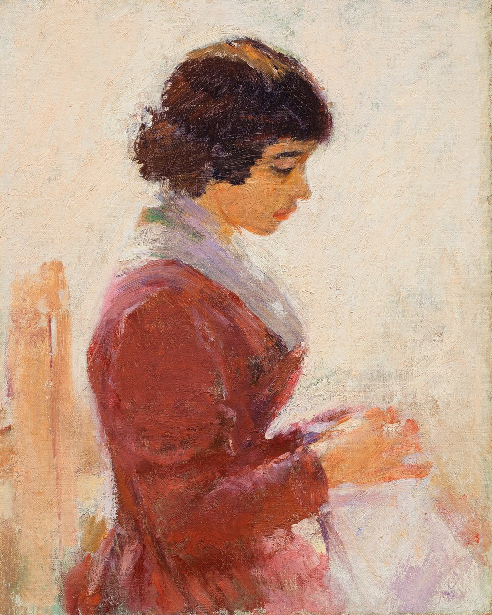 Tyttö punaisessa, ompelu, tekijältä Theodore Robinson