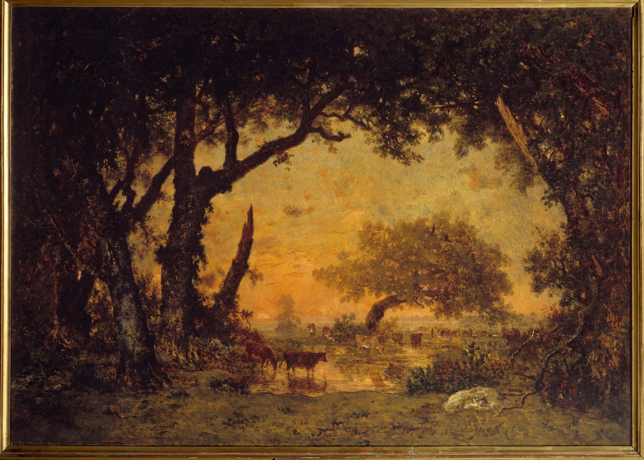 Fontainebleaun metsän uloskäynti, auringonlasku Theodore Rousseaun maalaus (1812-1867) 1800-luvun su. 1,42x1,97 m tekijältä Pierre Etienne Theodore Rousseau