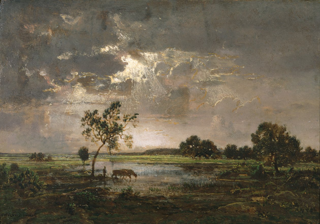 Maisema, n.1842 (öljy paneelille) tekijältä Theodore Rousseau