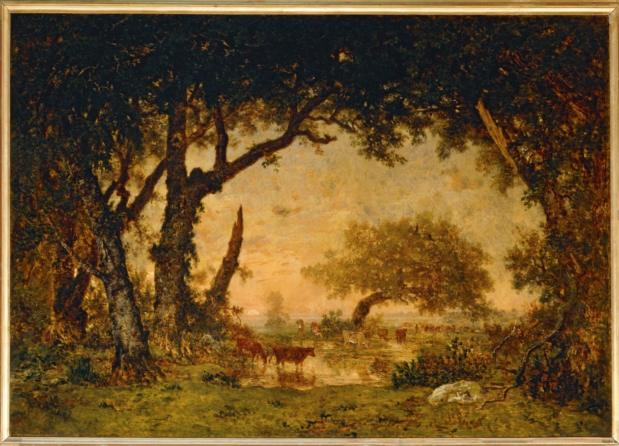 Uloskäynti metsästä Fontainebleaussa, auringonlasku... tekijältä Theodore Rousseau