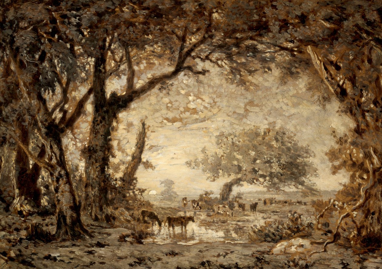 Auringonlasku Fontainebleaun metsästä tekijältä Theodore Rousseau