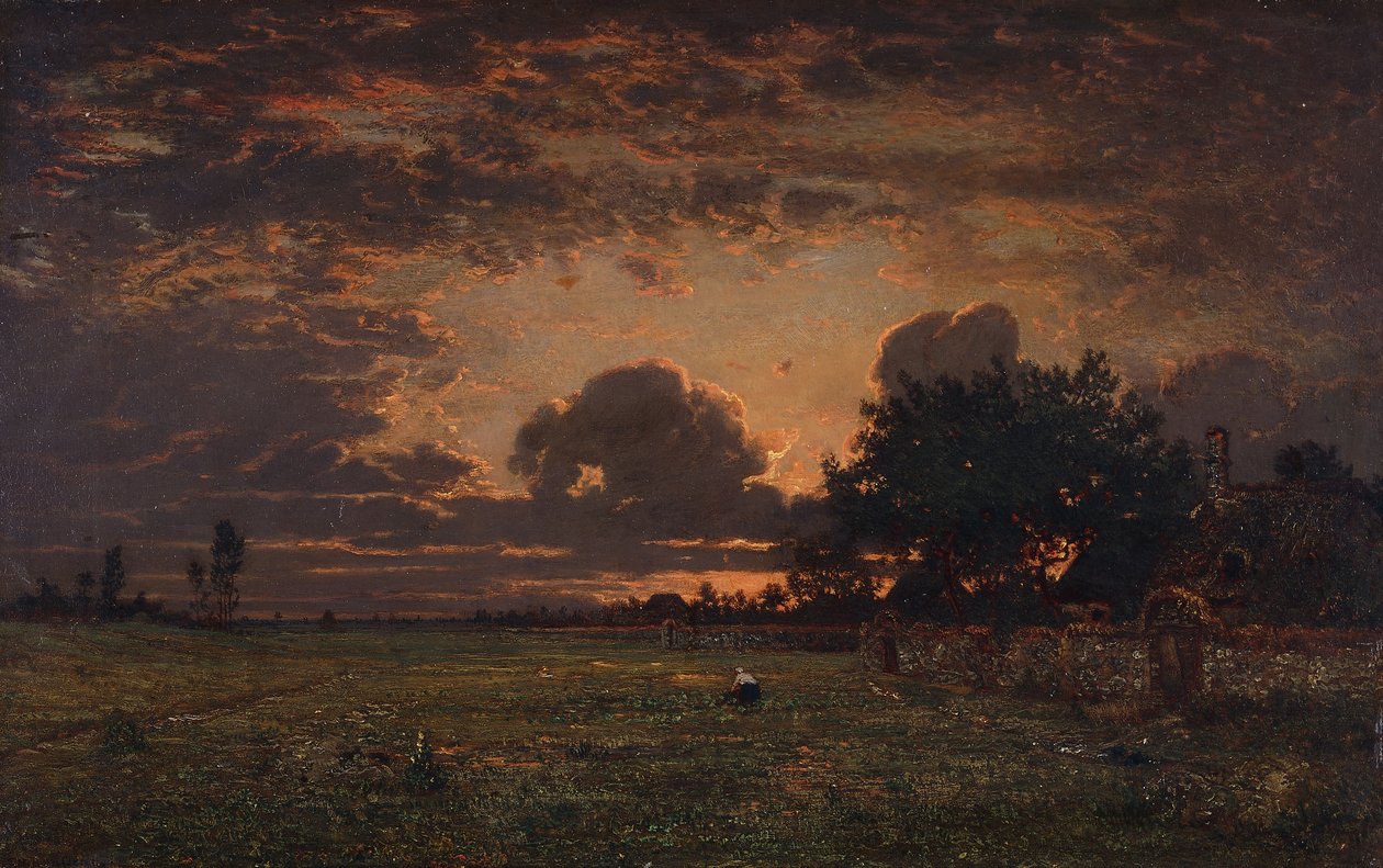 Auringonlasku Barbizonin tasangon yllä, tekijältä Pierre Etienne Theodore Rousseau