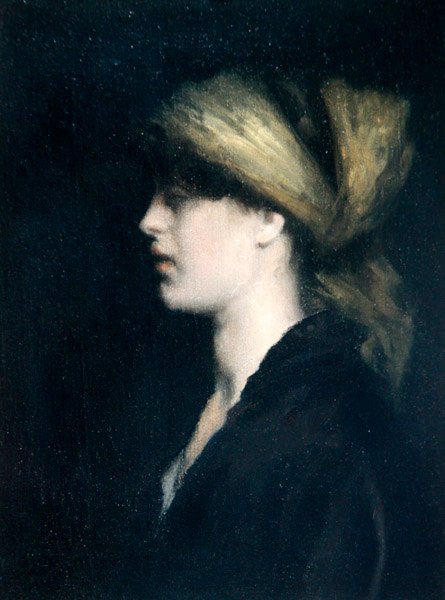 Chiaroscuro, profiili, kultainen huivi, n. 1900 (öljy kankaalle) tekijältä Theodore Roussel