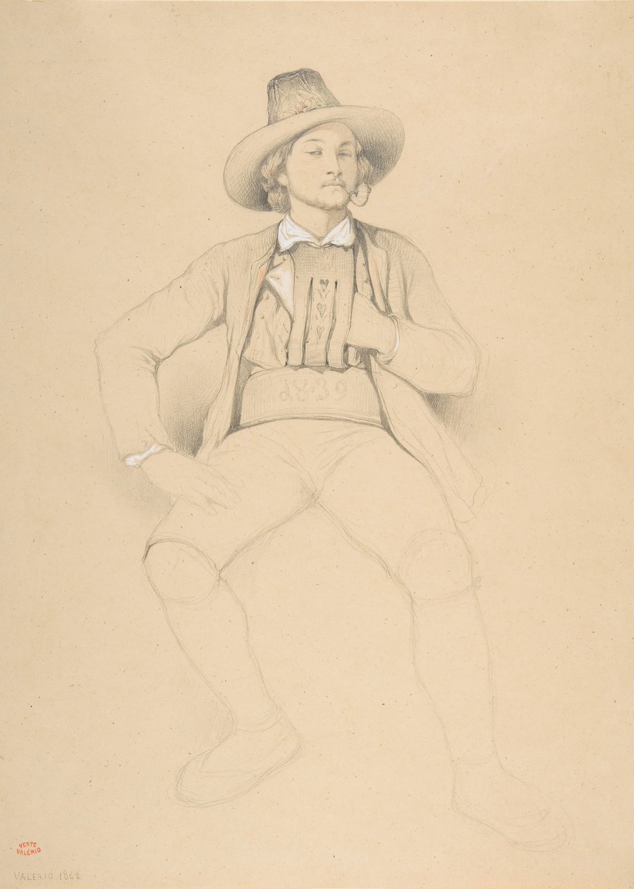 Mies tirolilaisasussa, istuu, polttaa piippua, 1842. tekijältä Theodore Valerio