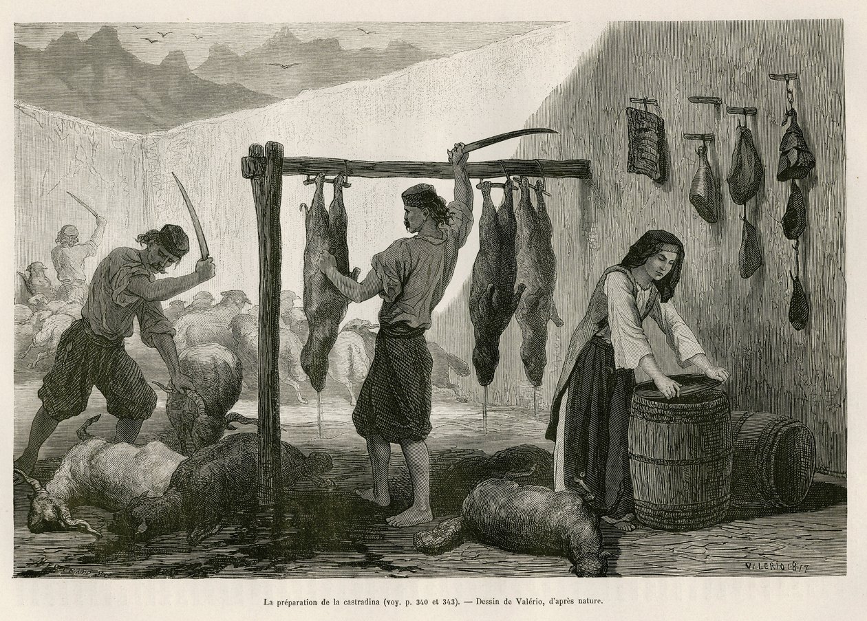 Castradinan, suolatun ja bucaneen lampaan- ja vuohenlihan erikoisuus, valmistus lokakuun lopulla Dalmatiassa (Istria ja Hertsegovine (Kroatia)), piirros Valerio havainnollistamaan matkaa Montenegroon, vuonna 1874, Charles Charles Yriarte tekijältä Theodore Valerio
