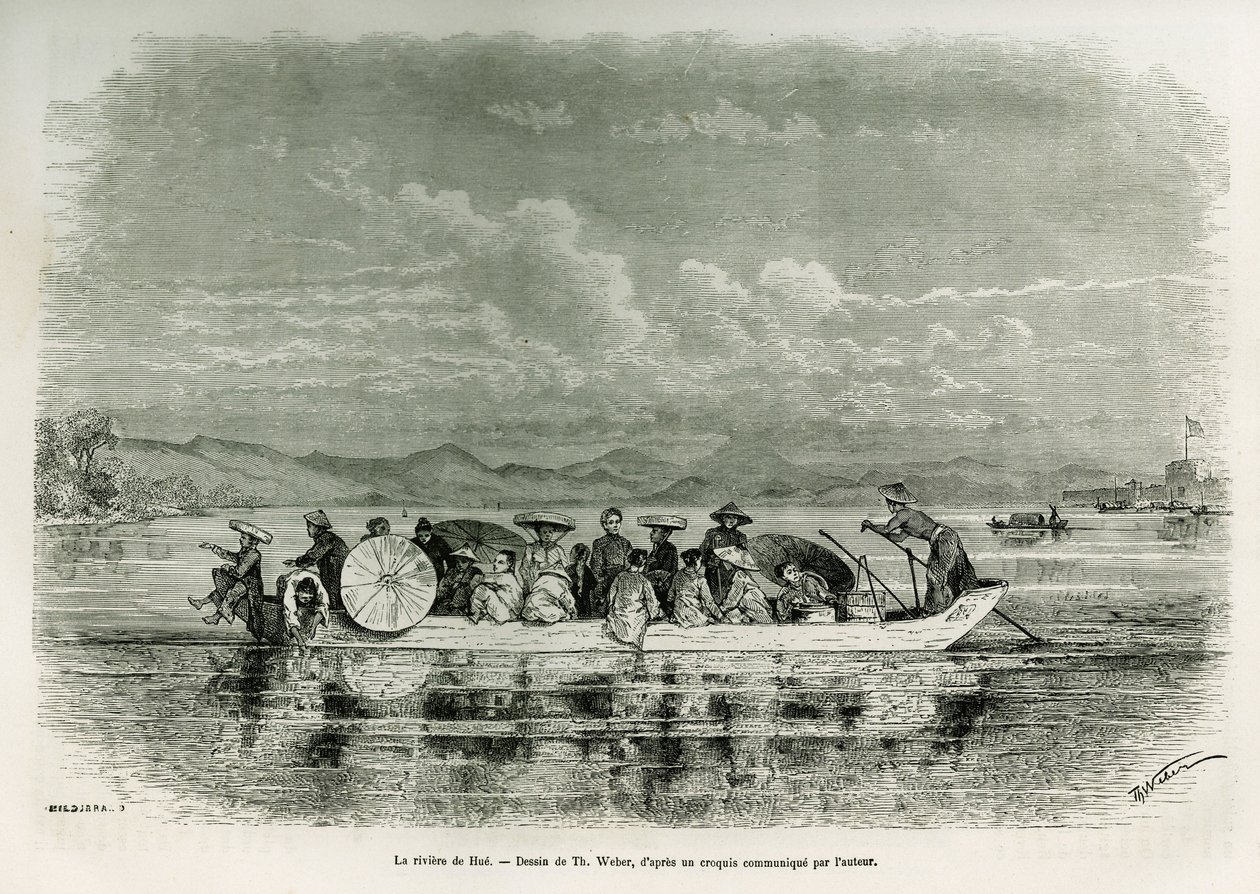 Vene Hue-joella (Vietnam), piirros Th. Weber, havainnollistaakseen tarinaa kahdeksan päivän suurlähetystöstä Huessa (Annamin kuningaskunta), vuonna 1875, herra Brossard de Corbignyn, luutnantti (N), lähetystön liitteenä. Kaiverrus kirjassa Le tour du monde tekijältä Theodore Weber