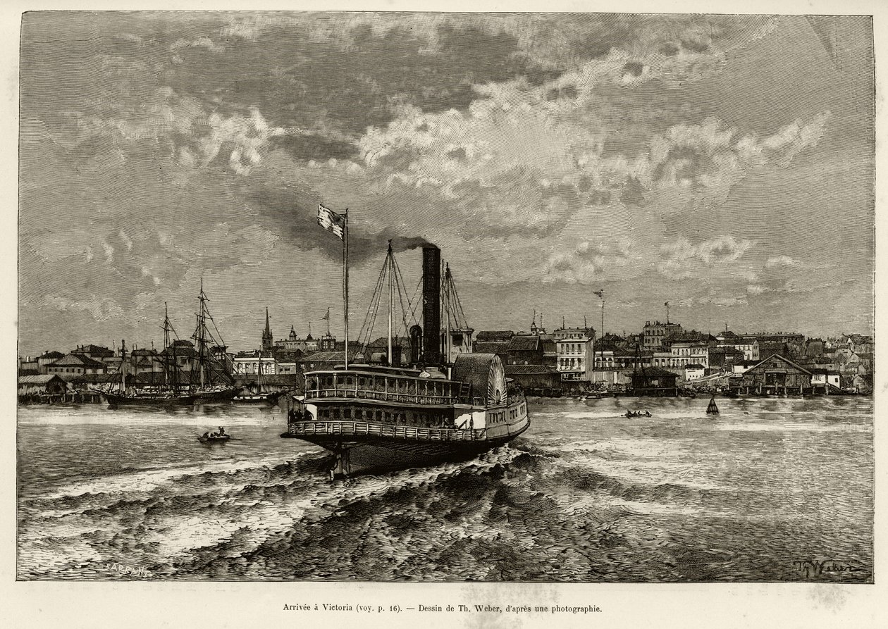 Saapuminen Victoriaan, Kanadaan. Th.Weberin kaiverrus havainnollistamaan E.Cotteaun tarinaa ""Transcanadien ja Alaska"", vuonna 1890, Le tour du monde, nouveau journal des voyages, toimittanut Edouard Charton (1807-1890), 2. lukukausi 1891 , painos Hachet tekijältä Theodore Weber