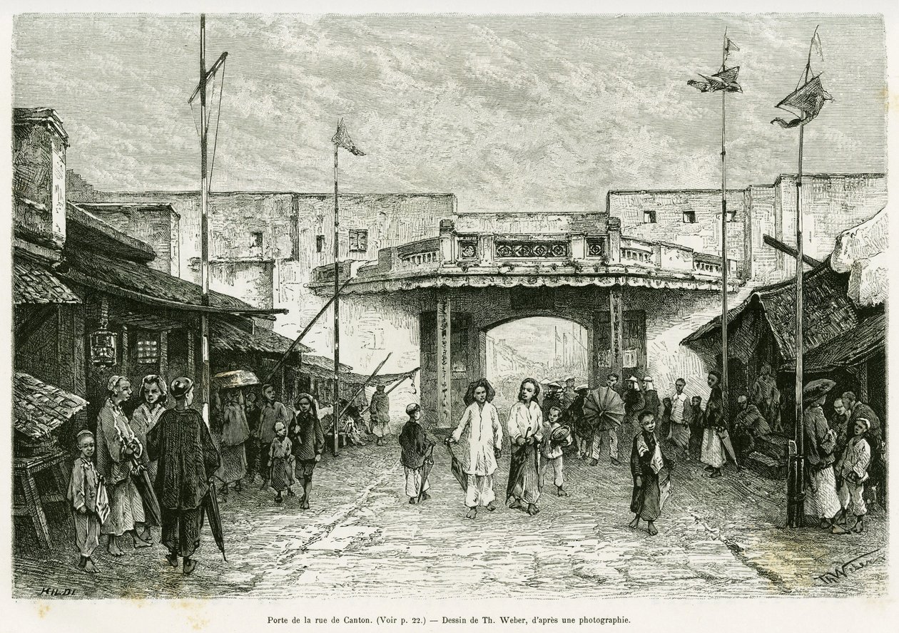 Canton Street Gate Hanoissa. Kaiverrus Th. Weber valokuvasta havainnollistamaan tarinaa Trente mois au Tonkin vuonna 1884, tohtori Hocquard, tour du monde 1889, Edouard Chartonin (1807-1890) johdolla, Hachette, Pariisi. tekijältä Theodore Weber