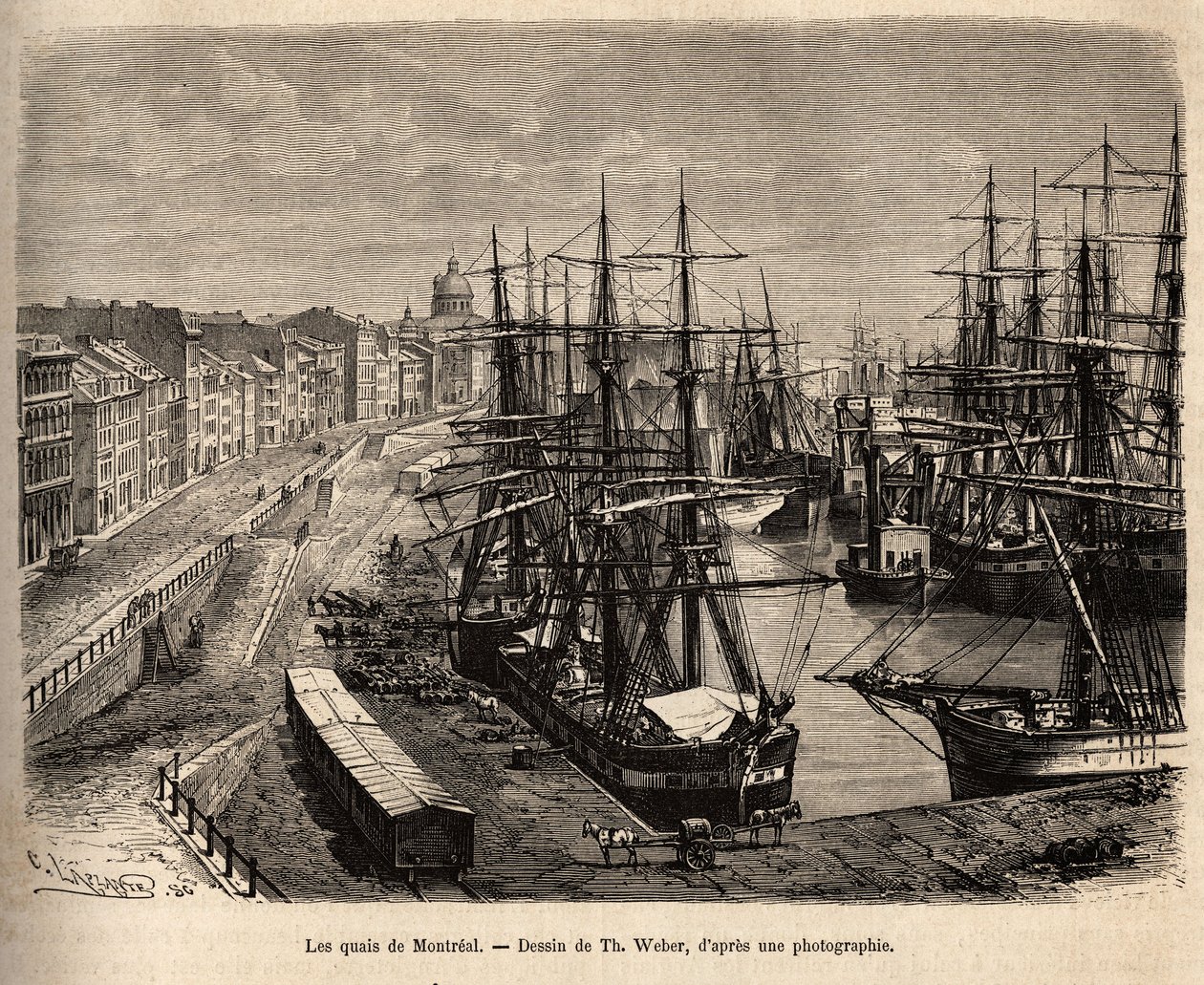 Les quais de Montreal, kaiverrus Th. Weber, joka havainnollistaa matkaa Kanadaan ja Riviere Rouge du nordille, H. De Lamotte, vuonna 1873, julkaistu "" Le tour du monde""" 1875, toimittanut Edouard Charton, Hachette painos, Pariisi. Selv tekijältä Theodore Weber