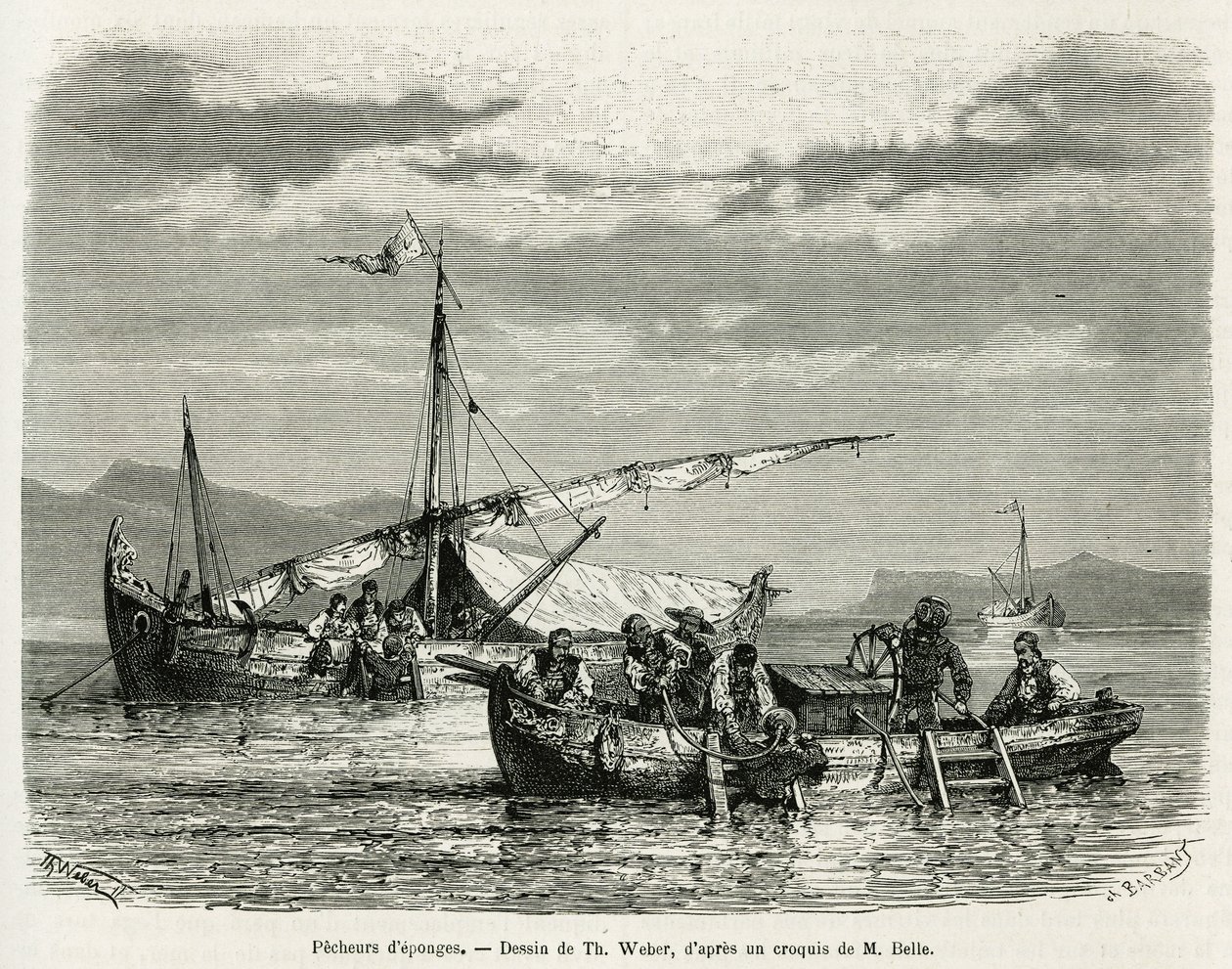Sienikalastajat Nafplionlahdella, piirros The. Weber havainnollistaa tarinaa Kreikan matkasta vuosina 1861, 1868 ja 1874, kirjoittanut Henri Belle. Kaiverrus kirjassa Le tour du monde tekijältä Theodore Weber