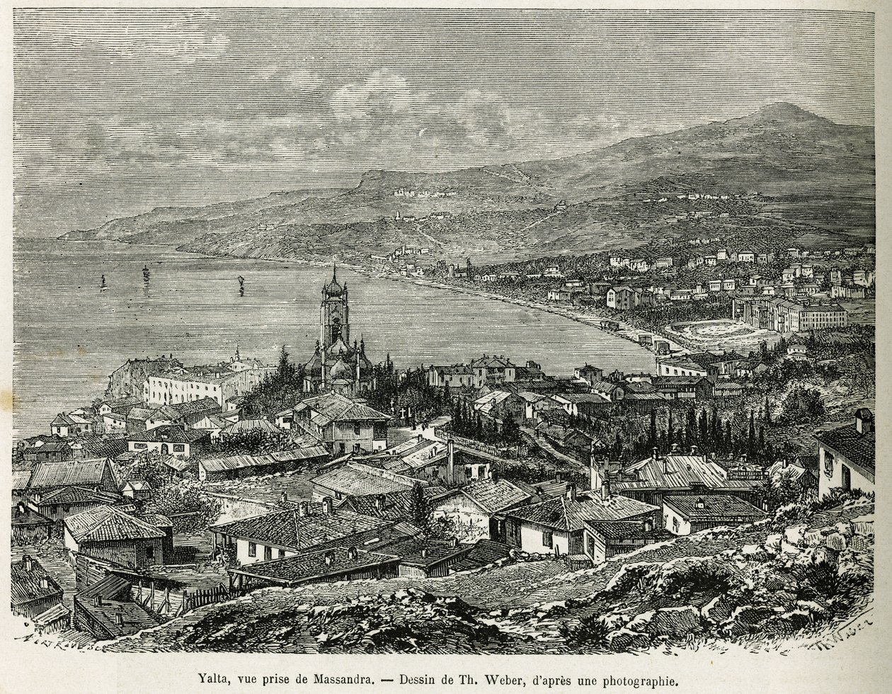 Jaltan kaupunki, otettu Massandrasta, piirroksena Th.Weber, havainnollistamaan F. De Melyn tarinaa Neljä kuukautta Venäjällä vuonna 1876. Kaiverrus kirjassa Le tour du monde tekijältä Theodore Weber
