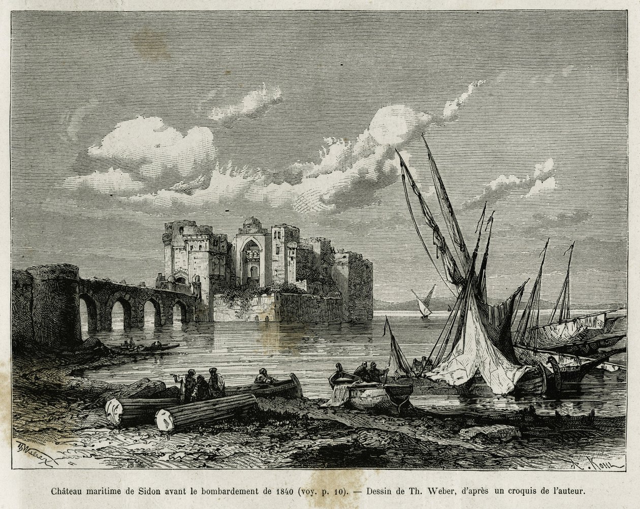 Sidonin merilinna ennen vuoden 1840 pommitusta. Kaiverrus Th. Weber havainnollistaa tarinaa La Syria d