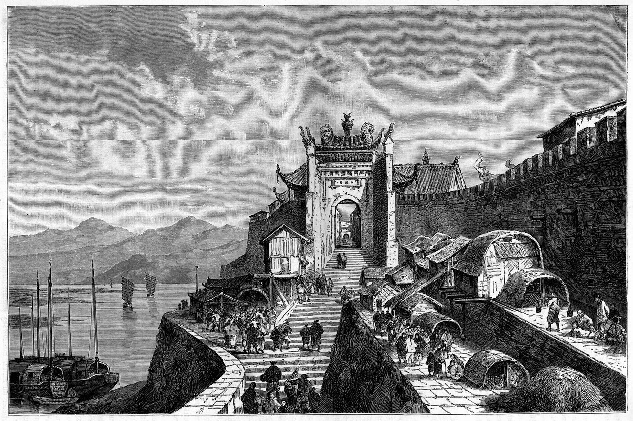 Näkymä Shanghain portille Huangpu-joella, Kiinassa vuosina 1870-1880. Kaiverrus Weberin piirustuksen mukaan julkaisussa "Le Tour du Monde, Nouveau Journal des Voyages", toimittanut Edouard Charton, Pariisi tekijältä Theodore Weber