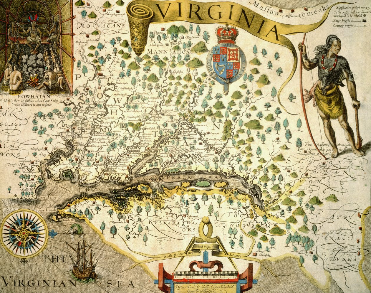 Sloane MS 1622 Virginian kartta, jossa vasemmassa yläkulmassa John Smithin (1580-1631) 1624 kuva Chief Powhatanista 1624 (käsinvärinen kaiverrus) tekijältä Theodore de (after) Bry