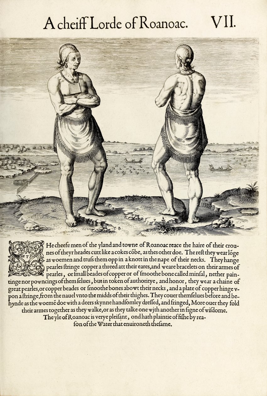 "A Chief Lord of Roanoac", Thomas Harriotin teoksesta "A Briefe and True Report of the New Found Land of Virginia" (kaiverrus) tekijältä Theodore de Bry