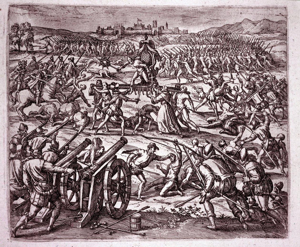 Dominikaaninen munkki, joka tuntee olevansa inkakuningas Atahualpa (Atabaliba) pilkannut, rohkaisee Francisco Pizarroa etsimään kostoa (kaiverrus tekijältä Theodore de Bry