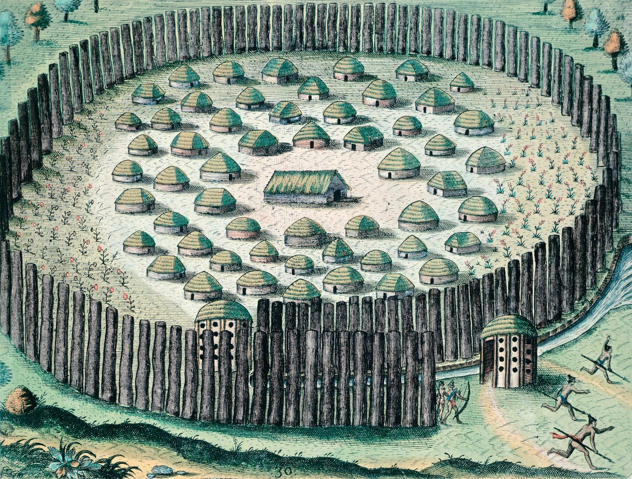 Linnoitettu intiaanikylä, kuvitus Floridan keskustelusta, Theodore de Bry, kaiverrus tekijältä Theodore de Bry
