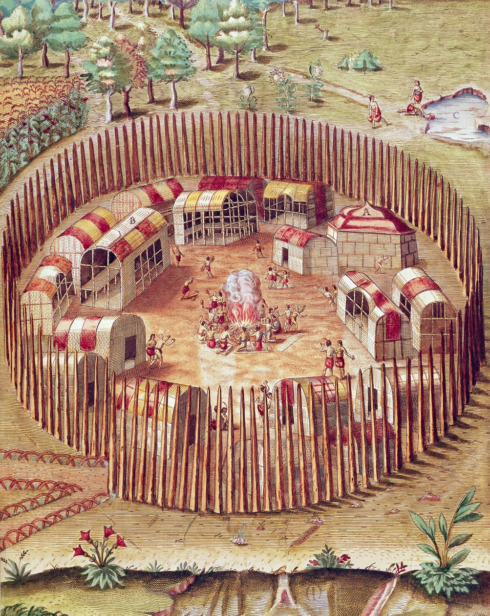 Pomeiokin intiaanien linnoitettu kylä, kuvitus Admiranda Narratiosta, kirjoittanut Theodore De Bry tekijältä Theodore de Bry