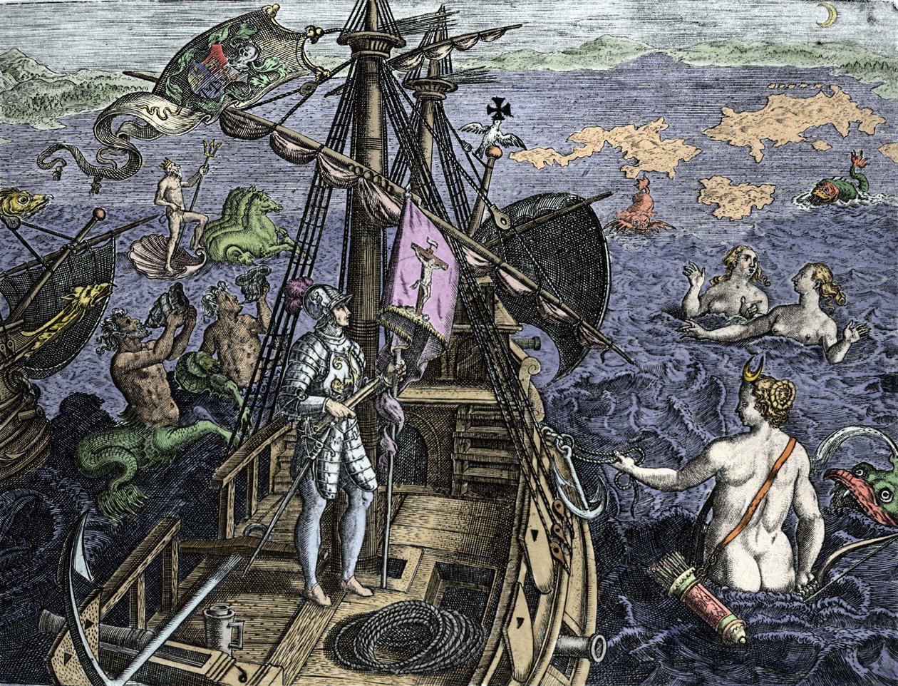 Allegorie des voyages de Christopher Columbus (1451-1506), kaiverrus Theodor de Bryn (1527-1598) teoksesta "Historia America sive Novi Orbis", Amsterdam 1594 tekijältä Theodore de Bry