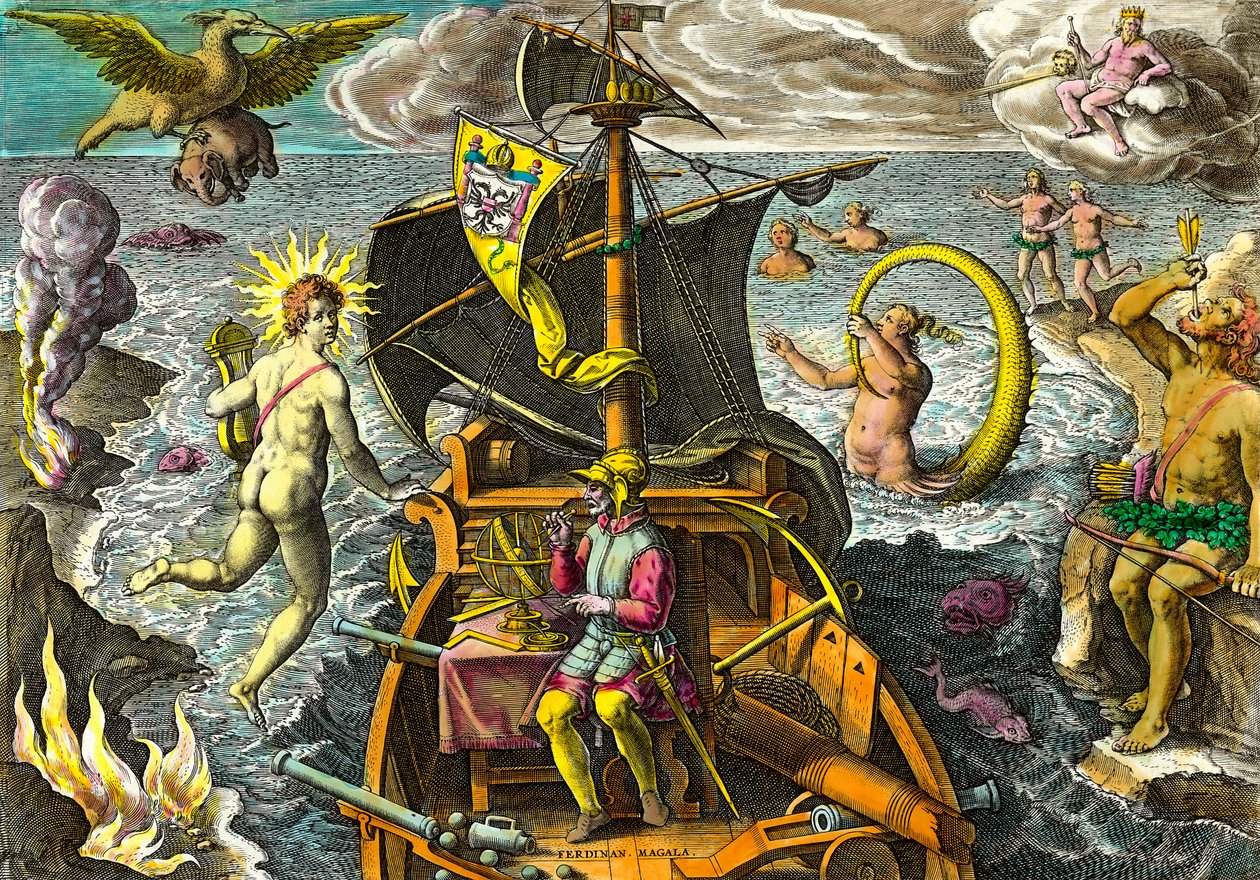 Al·legoria dels viatges del navegant Fernand de Magellan (1480-1521), representa a la seva nau utilitzant una esfera armil·lar i envolta personatges mitològics i animals fantàstics. Gravat de "Admirante Narratio Americae" de Theodore de Bry (1528-159 finla tekijältä Theodore de Bry