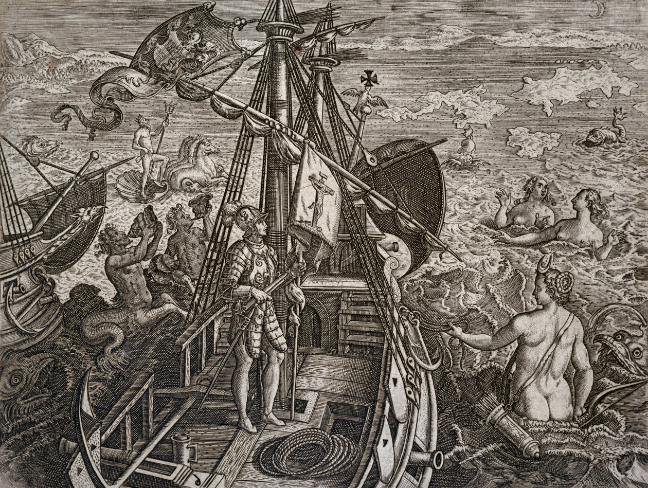 Allegoria Christopher Columbuksen matkasta uuden maailman löytämiseen, Theodor de Bryn (1528-1598) kaiverrus tekijältä Theodore de Bry