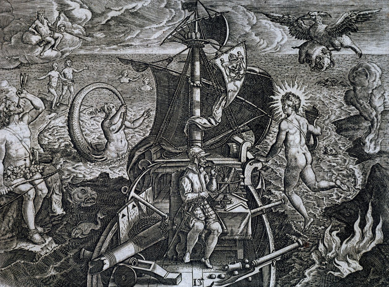 Allegoria Ferdinand Magellanin (1480-1521) matkoista, kaiverrus Theodor de Bry (1528-1598) tekijältä Theodore de Bry