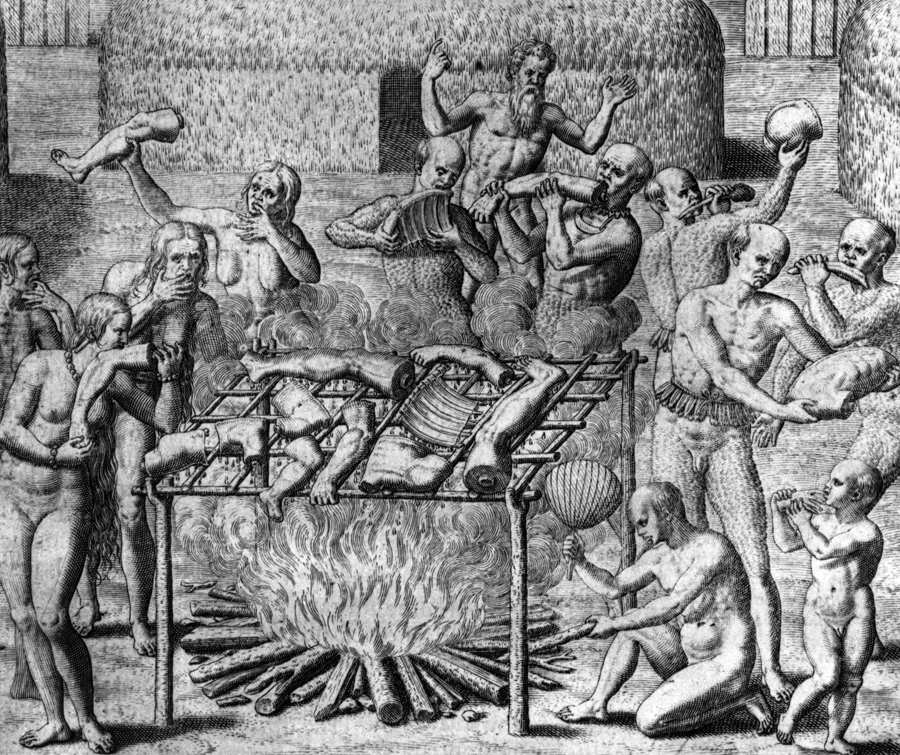Anthropophage-ateriat: Admirante Narratio Americae -teoksessa, kirjoittanut Théodore de Bry. tekijältä Theodore de Bry