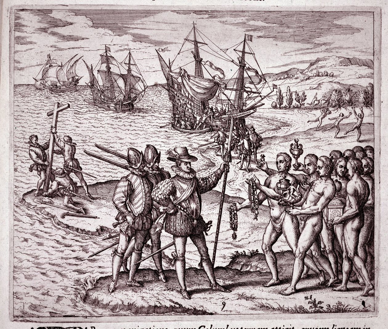 Christopher Kolumbuksen saapuminen Hispaniolan saarelle Länsi-Intiassa (kaiverrus tekijältä Theodore de Bry