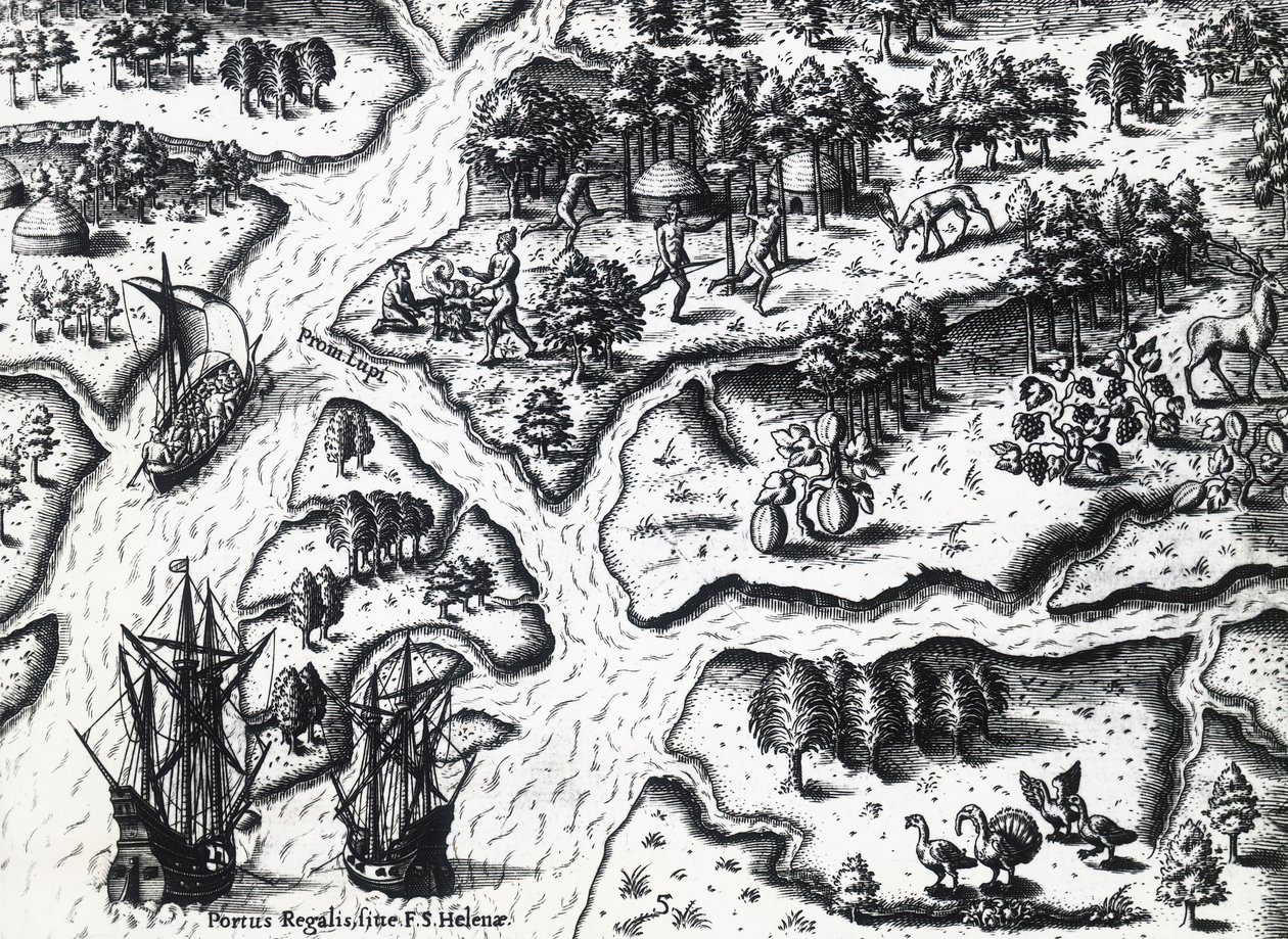 Ranskalaisten saapuminen Port Royaliin vuonna 1564, Theodor de Bry (1528-1598) Jacques le Moyne de Morguesin (noin 1533-ennen 1588) maalauksesta, kaiverrus tekijältä Theodore de Bry