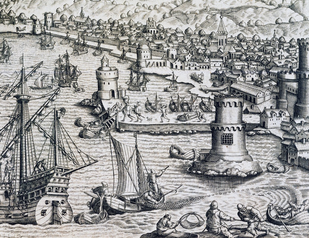 Girolamo Benzonin saapuminen La Palman satamaan, kaiverrus Historia Americaesta, kirjoittanut Theodor de Bry (1528-1598), Frankfurt tekijältä Theodore de Bry