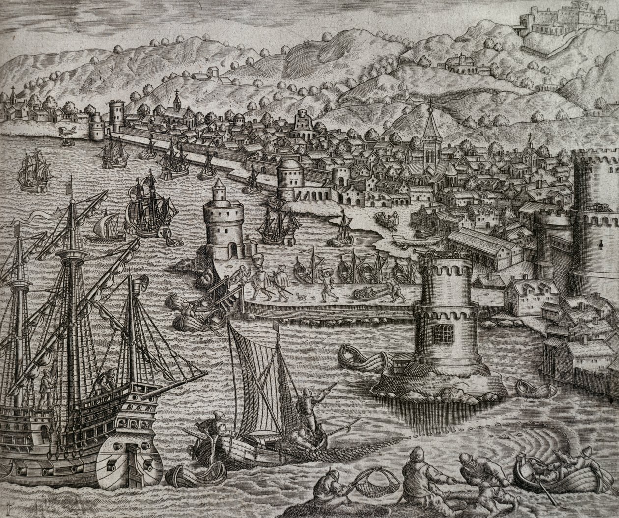 Girolamo Benzonin saapuminen Las Palmasin satamaan hänen matkallaan Amerikkaan (1541), Kanariansaarille, Theodor de Bryn (1528-1598) kaiverrus tekijältä Theodore de Bry