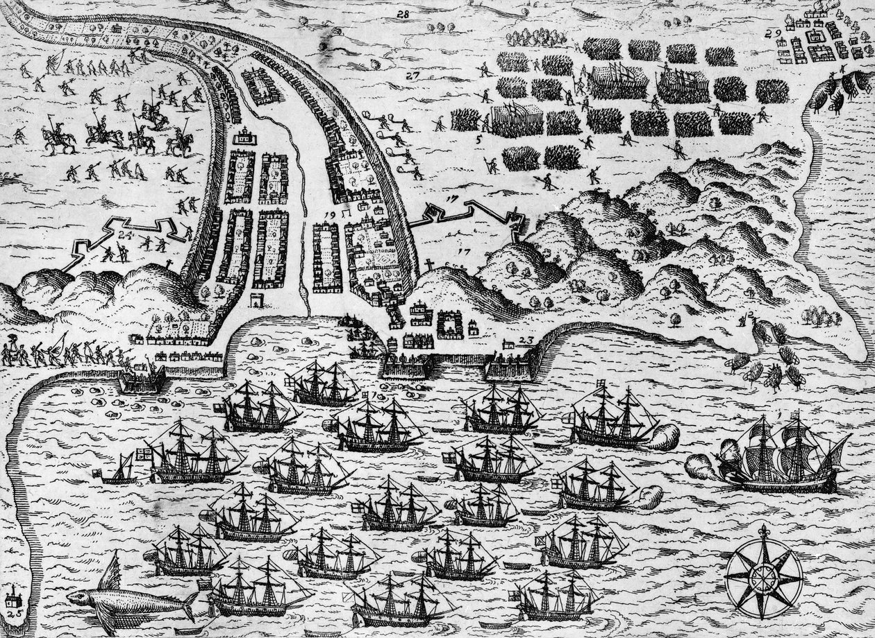 Hyökkäys Santiagoon 27. marraskuuta 1585 (kaiverrus) tekijältä Theodore de Bry
