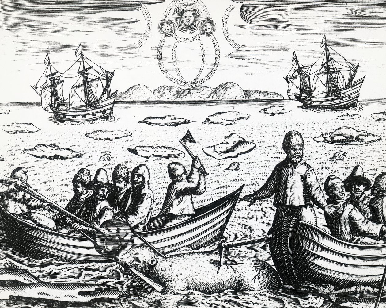 Aurora borealis ja valkokarhun metsästys kolmannella William Barentsin (n. 1550-1597) johtamalla Koillisväylää etsivällä tutkimusmatkalla vuonna 1596, Theodor de Bry (1528-1598), kaiverrus tekijältä Theodore de Bry