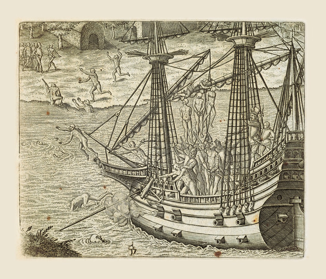 Bartolomeo Diaz ripustaa intiaaneja karavellin päällä, kaiverrus Theodor de Bry (1528-1598) Americae pars quarta, sive, Insignis et admiranda historia de reperta primum Occidentali India Christophoro Columbo, Girolamo Benzoni tekijältä Theodore de Bry