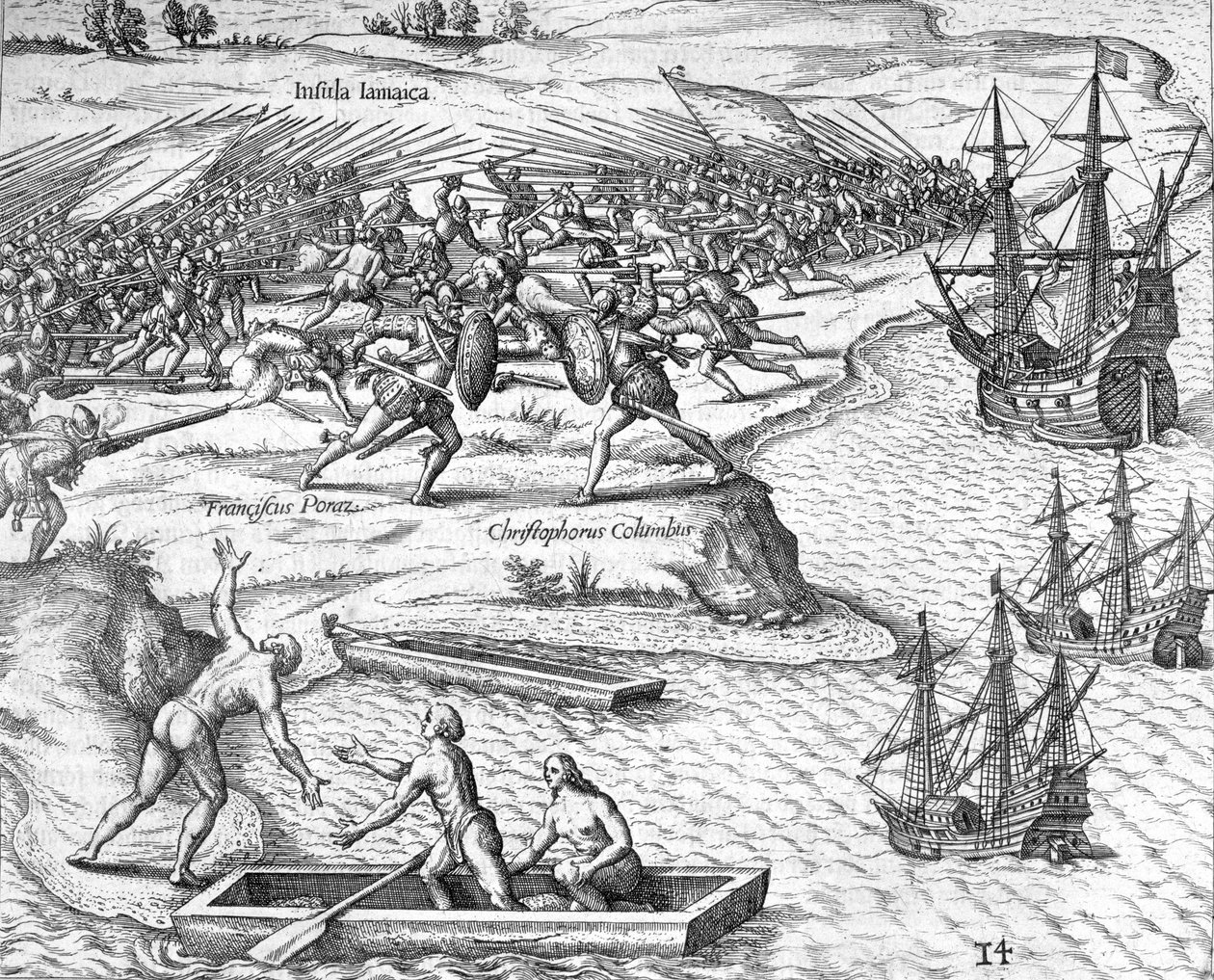 Taistelu Jamaikalla Christopher Columbuksen ja Francisco Porazin välillä, 1504 1631 tekijältä Theodore de Bry