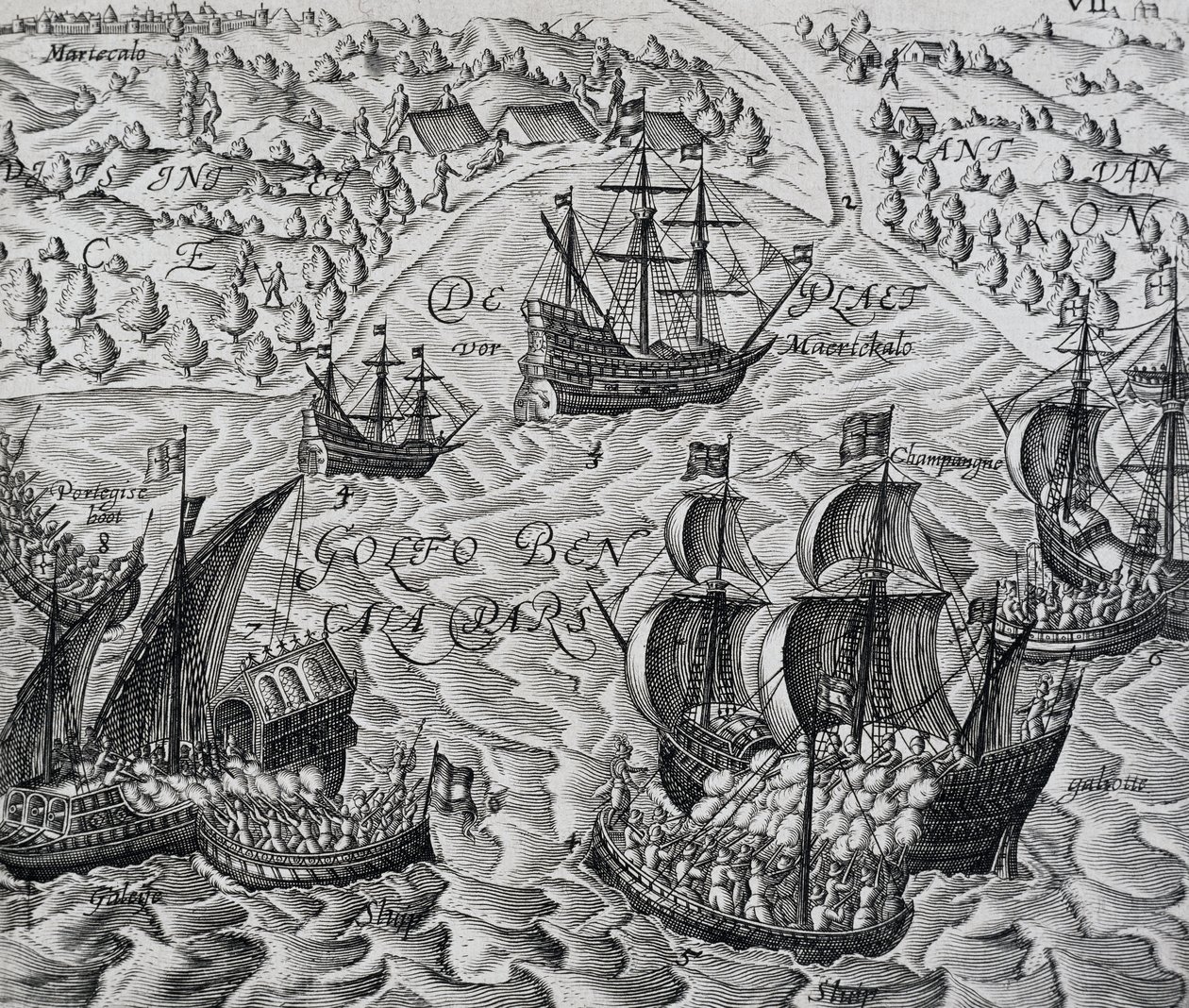 Taistelu Maticalin kaupungin edessä Bengalinlahdella, kaiverrus Indiae Orientalisista, kirjoittanut Theodor de Bry (1528-1598) tekijältä Theodore de Bry