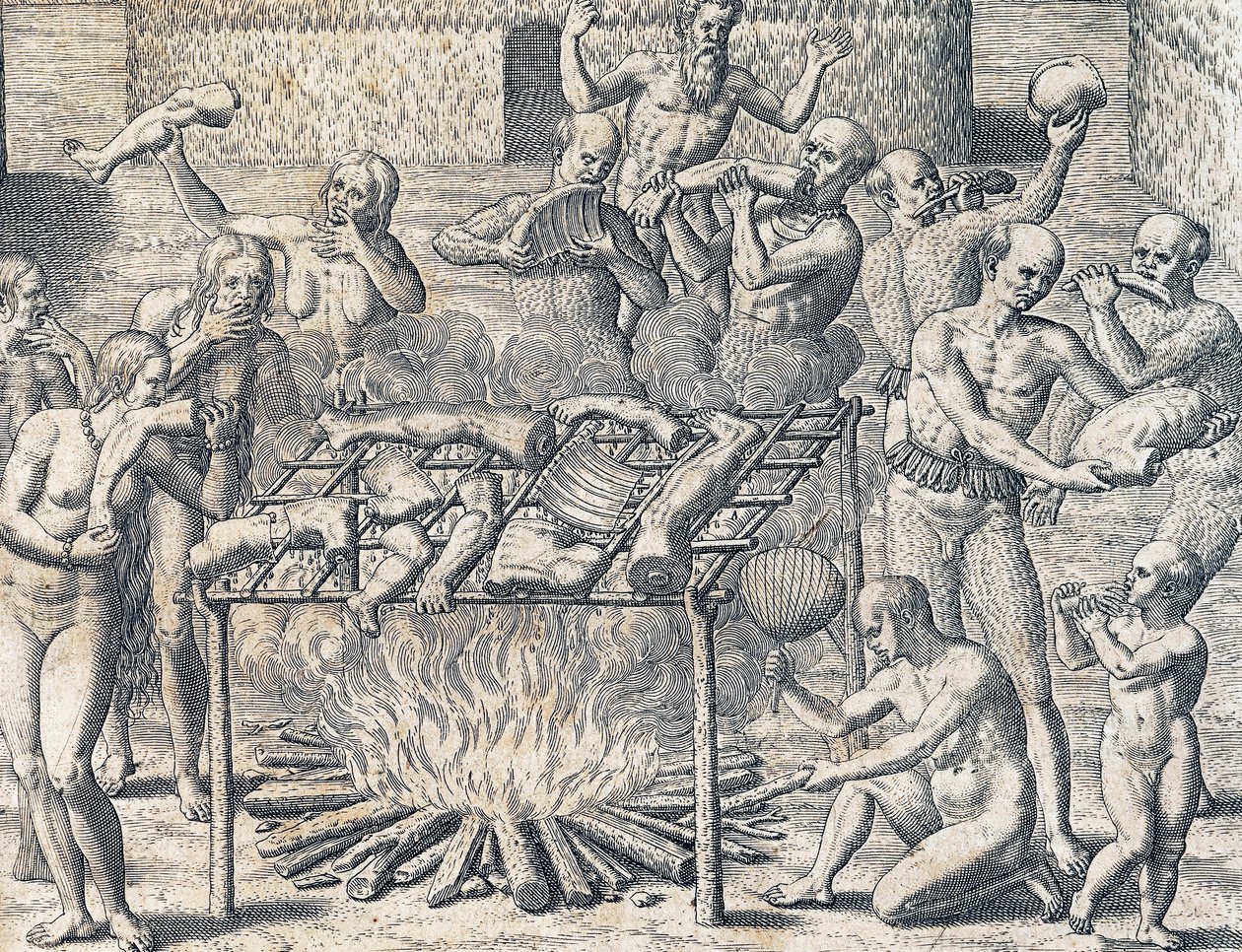 Heimojen kannibalismi Brasilian sisäosissa, Theodore de Bryn (1528-1598) kaiverrus Amerikan historiasta, Frankfurt, Etelä-Amerikka tekijältä Theodore de Bry