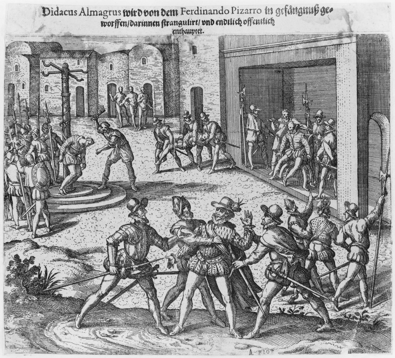 Diego de Almagron vangitseminen, oikeudenkäynti ja teloitus Francisco Pizarron käskystä tekijältä Theodore de Bry
