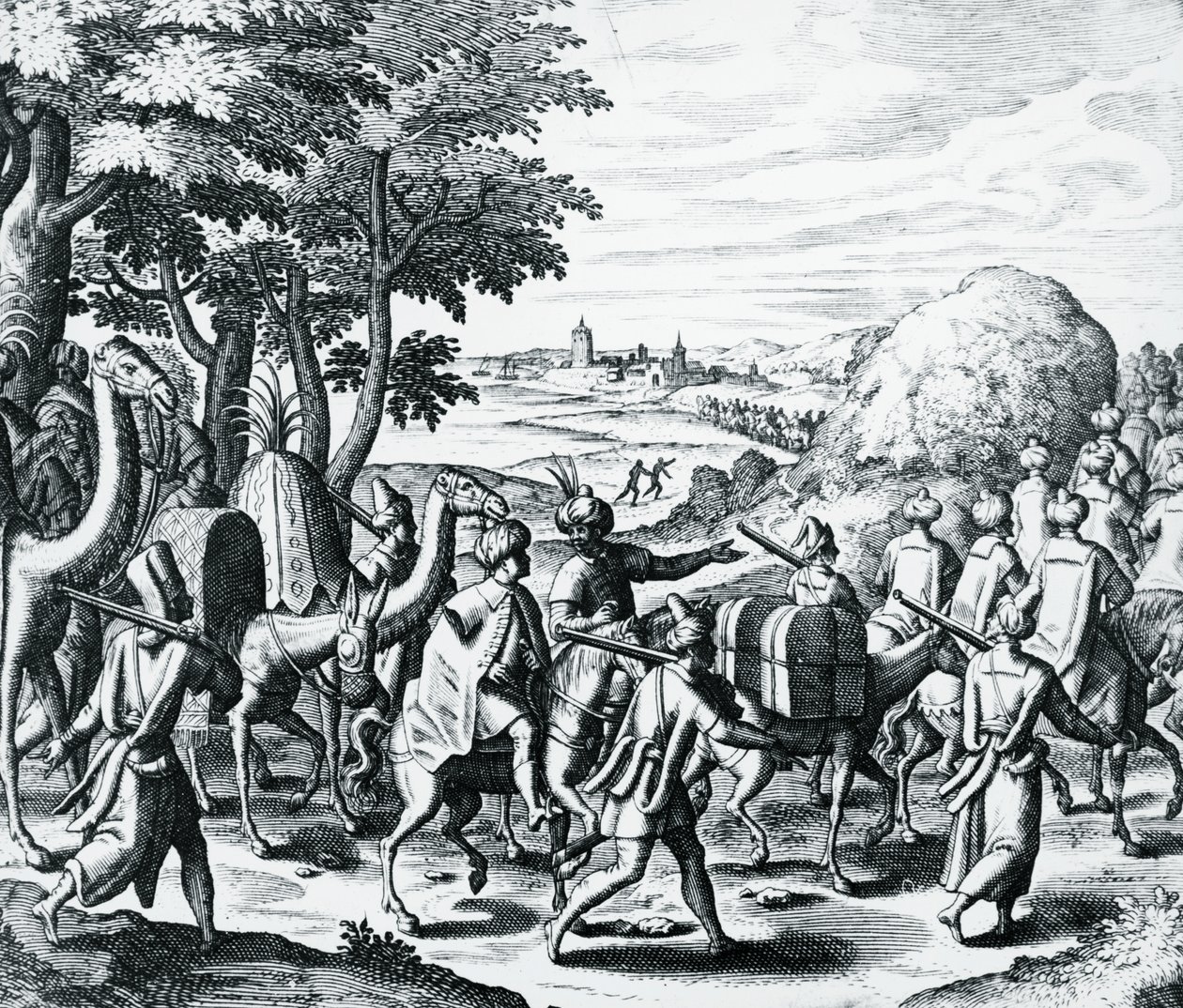 Arabikauppiaiden karavaani matkustamassa Alepposta Basraan, kaiverrus Grands and Petits Voyagesista, Theodor de Bry (1528-1598), Lähi-itä tekijältä Theodore de Bry