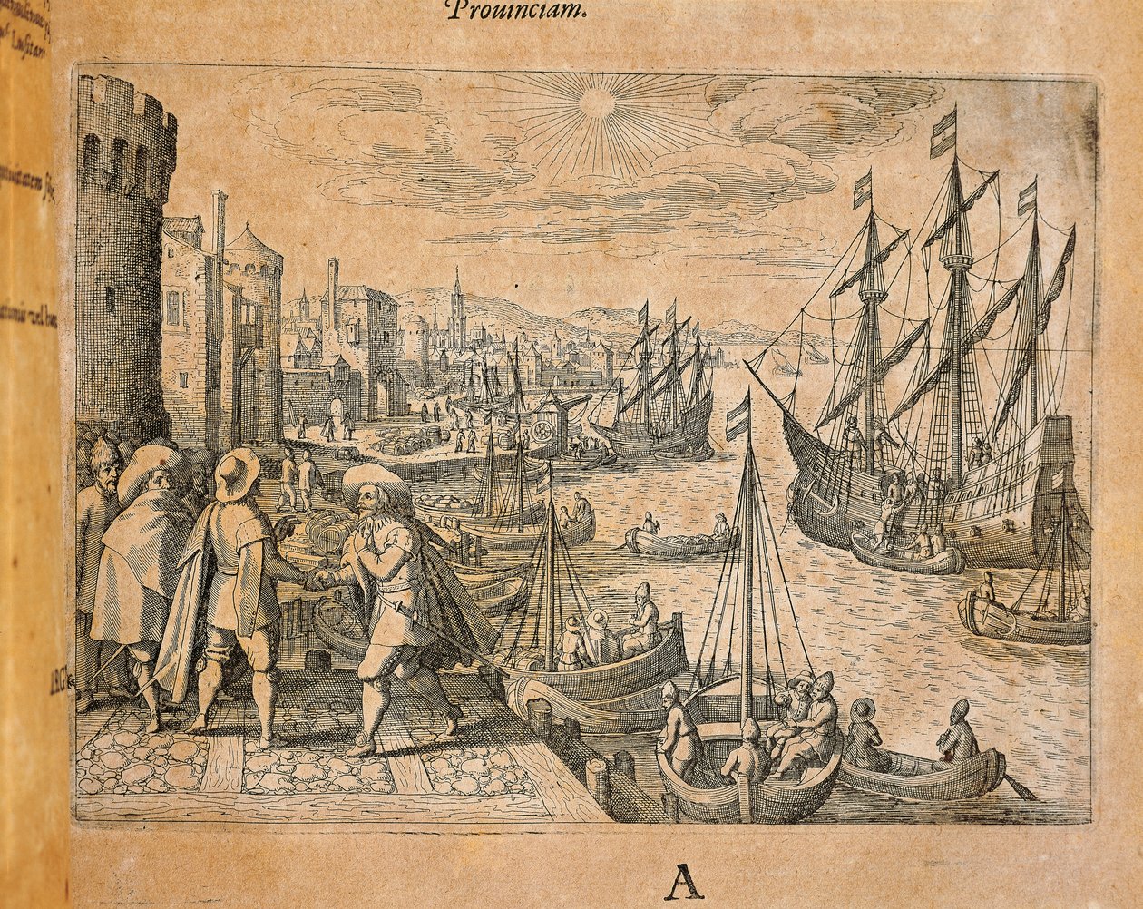 Karavelit lähtevät uuteen maailmaan, Espanjaan, kaiverrus Theodor de Bry (1528-1598) tekijältä Theodore de Bry