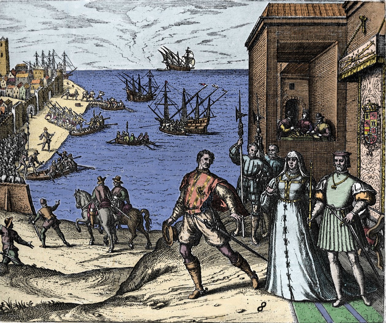 Christopher Columbus ja Pinzon-veljekset lähtevät Paloksen satamasta Espanjasta 3.8.1492 kohti uutta maailmaa. Oikealla Portugalin kuningas ja kuningatar katolinen Ferdinand II Aragonia ja Isabella Iere Kastiliasta. Kaiverrus Theodore de Bry kirjassa "" Ad tekijältä Theodore de Bry