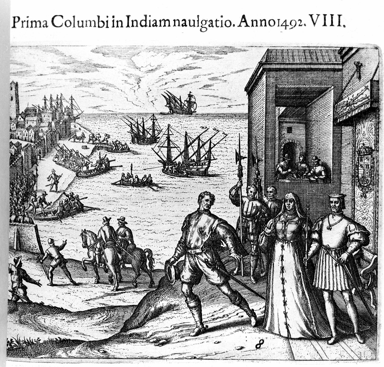 Christopher Columbus ja Pinzon-veljekset lähtevät Paloksen satamasta Espanjasta 3.8.1492 kohti uutta maailmaa. Oikealla Portugalin kuningas ja kuningatar katolinen Ferdinand II Aragonia ja Isabella Iere Kastiliasta. Kaiverrus Theodore de Bry kirjassa "" Ad tekijältä Theodore de Bry