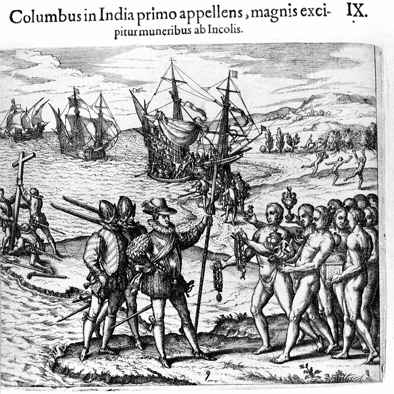 Kristoffer Kolumbus saapuu Länsi-Intiaan. Theodore de Bryn kaiverrus teoksessa "Admirante Narratio - Americae". tekijältä Theodore de Bry