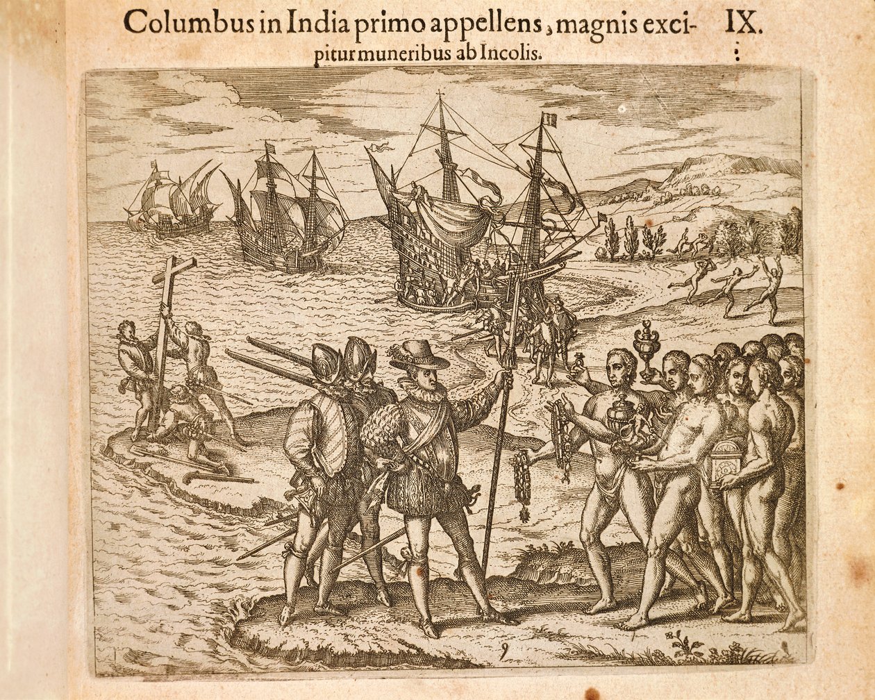 Christopher Columbus laskeutuu Guanahanin saarelle (San Salvador) 12. lokakuuta tekijältä Theodore de Bry
