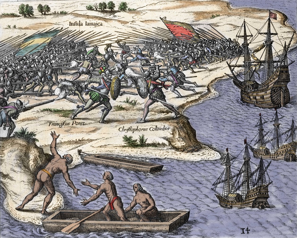 Kristoffer Kolumbuksen neljäs matka Jamaikalle vuosina 1502-1504: taistelu Francisco Porazia vastaan. Kaiverrus teoksesta "Historia Americae sive Novi Orbis", kirjoittanut Theodor de Bry (1527-1598), Amsterdam 1594. tekijältä Theodore de Bry