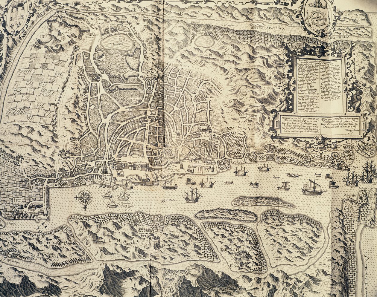 Goan kaupunki Intiassa, Theodor de Bryn (1528-1598) kaiverrus matkakertomuksesta merimies Jan Huyghen van Linschotenin matkasta Portugalin Itä-Intiaan 1579-1592, 1500-luku tekijältä Theodore de Bry
