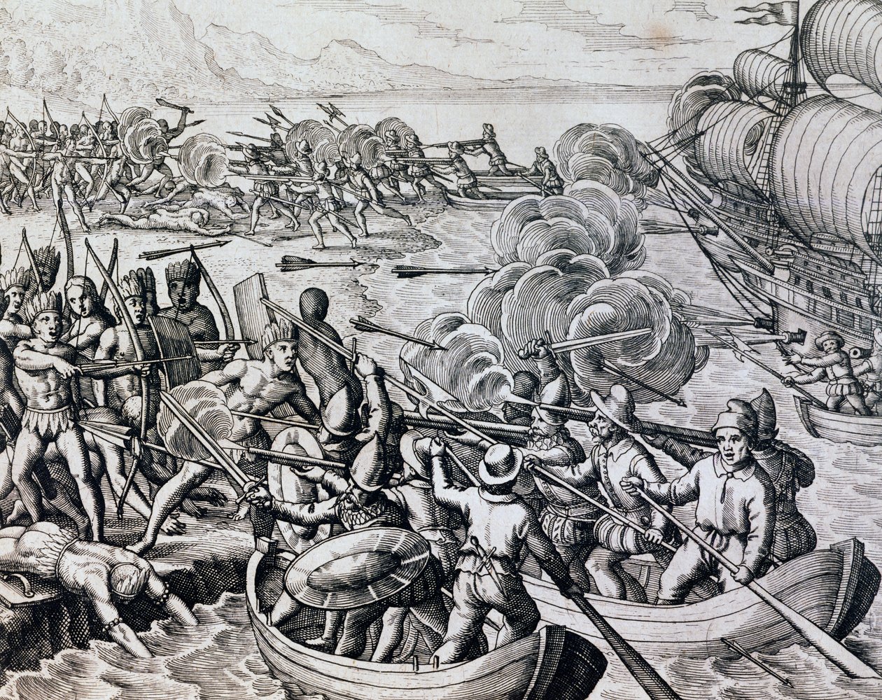 Alkuperäisten intiaanien ja espanjalaisten joukkojen yhteenotto, kaiverrus Historia Americaesta, kirjoittanut Theodor de Bry (1528-1598), Frankfurt tekijältä Theodore de Bry