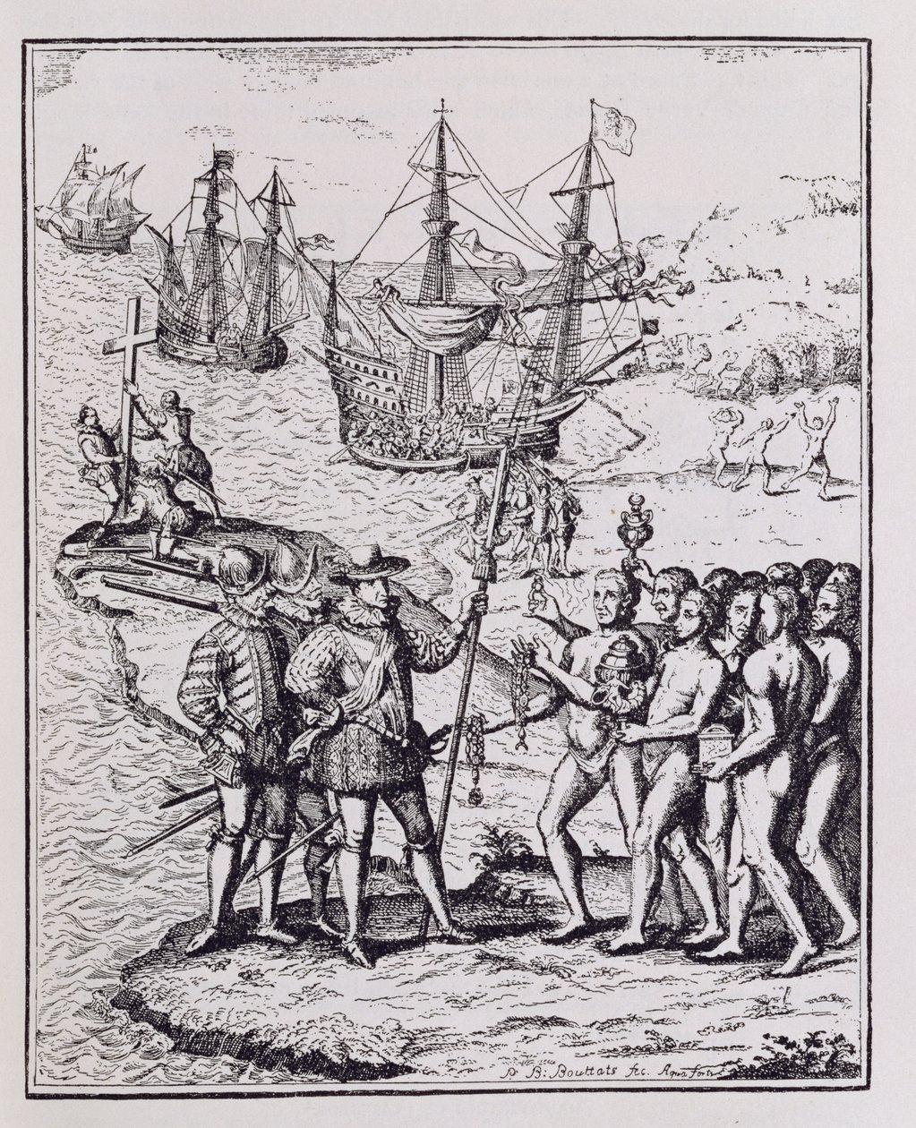 Columbus at Hispaniola, julkaisusta "The Narrative and Critical History of America", toimittanut Justin Winsor, Lontoo, 1886 tekijältä Theodore de Bry
